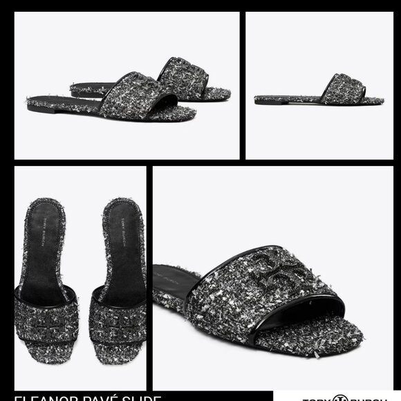NIB$425 TORY BURCH Eleanor Pavé Double T Slide Silver Confetti/Perfect Black 9.5 - Picture 14 of 14